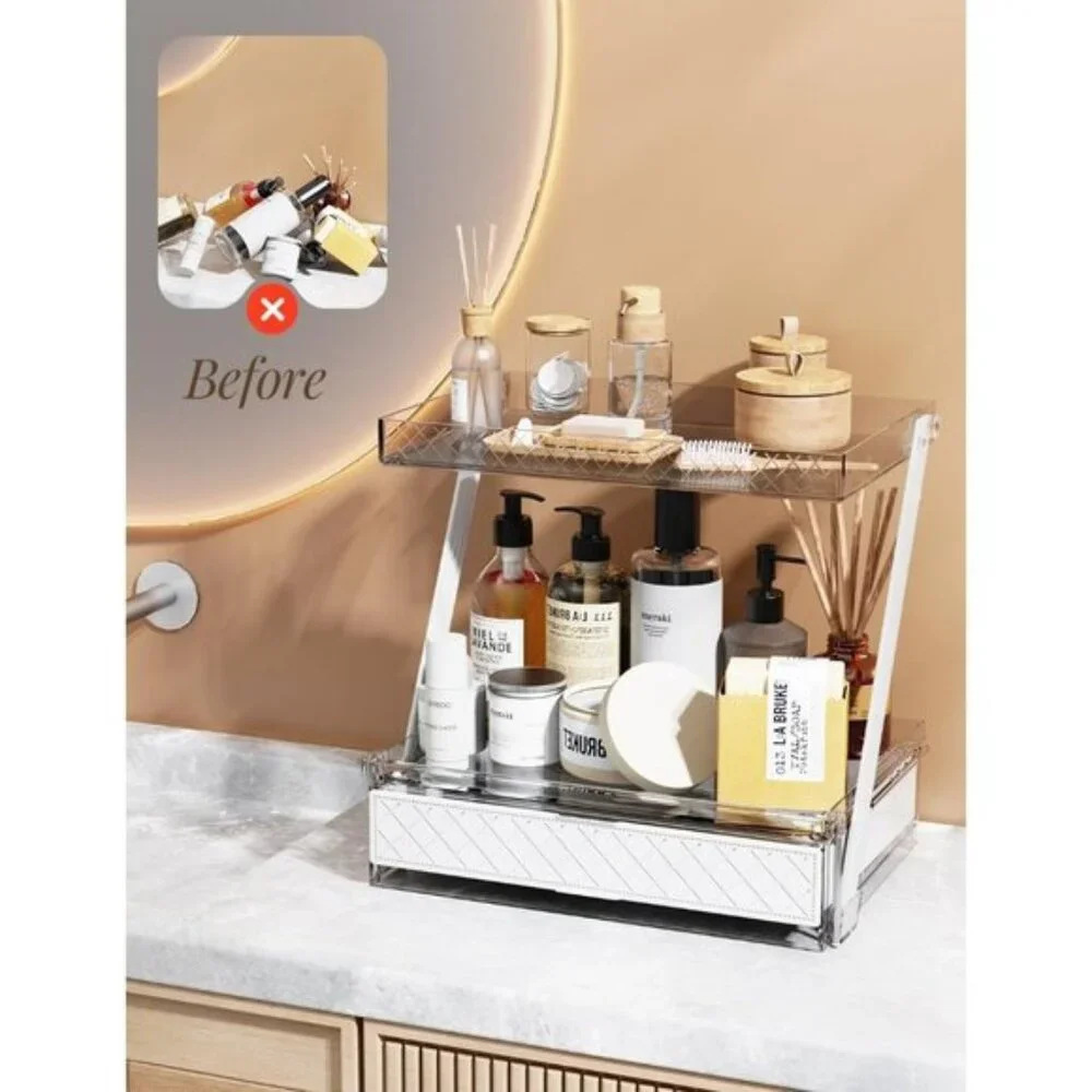 Z-Shaped 2-Tier Bathroom Organizer, Vanity Storage with Sliding Tray & Drawer